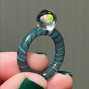Stunning Artisan Handmade Inlaid Opal Orb Blown Glass Blue Striped Glass Ring